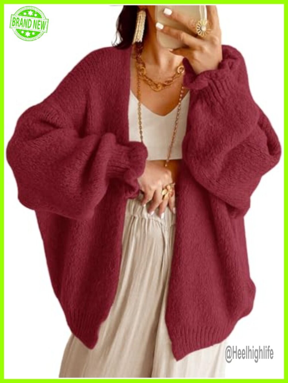 Oversized Chunky Knit Cardigan Sweater Open Front Long Lantern Sleeve